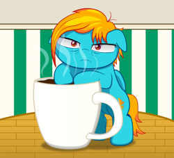 Size: 938x852 | Tagged: safe, artist:spellboundcanvas, pegasus, pony, bipedal, bipedal leaning, coffee, coffee mug, cup, eye bag, leaning, micro, mug, pony oc, solo, squint, steam, tiny, tiny ponies, tired
