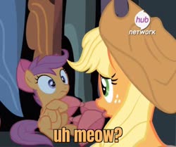 Size: 967x810 | Tagged: safe, edit, edited screencap, screencap, applejack, scootaloo, g4, somepony to watch over me, apple bloom's bow, bow, caught, closet, cropped, hair bow, hub logo, male, meme, ponified meme, sonic movie 2020, sonic the hedgehog, sonic the hedgehog (series), uh meow