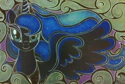 Size: 713x480 | Tagged: artist needed, source needed, safe, princess luna, alicorn, pony, g4, abstract background, female, mare, solo, traditional art