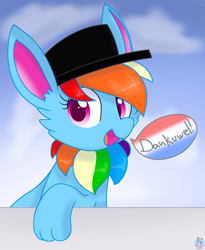 Size: 1322x1612 | Tagged: safe, artist:rainbow eevee, rainbow dash, oc, oc only, oc:rainbow eevee, eevee, cheek fluff, cloud, cute, dutch, female, hat, hnnng, learning, multicolored hair, open mouth, pokefied, pokémon, rainbow hair, simple background, solo, species swap, talking, talking to viewer, thank you