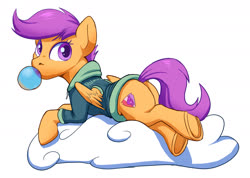 Size: 2000x1427 | Tagged: safe, artist:tsitra360, edit, scootaloo, pegasus, pony, g4, bubblegum, butt, clothes, cloud, cropped, crossed hooves, cute, cutealoo, featureless crotch, female, food, gum, hoodie, looking at you, looking back, on a cloud, plot, prone, scootabutt, solo, underhoof