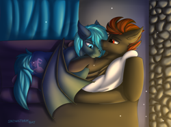 Size: 3325x2480 | Tagged: safe, artist:snowstormbat, oc, oc only, oc:blitz, oc:guttatus, bat pony, pegasus, pony, couch, cuddling, curtains, fangs, gay, high res, male, pillow, snuggling, stallion, wings