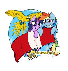 Size: 1516x1572 | Tagged: safe, alternate version, artist:lucas_gaxiola, rainbow dash, twilight sparkle, bird, blue-and-yellow macaw, macaw, parrot, pegasus, pony, unicorn, g4, female, flying, grin, mare, simple background, smiling, unicorn twilight, white background
