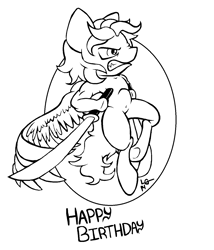 Size: 1164x1360 | Tagged: safe, artist:lucas_gaxiola, oc, oc only, oc:the brony chef, pegasus, anthro, unguligrade anthro, flying, gritted teeth, happy birthday, lineart, male, monochrome, pegasus oc, scowl, signature, solo, sword, underhoof, weapon, wings