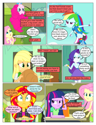 Size: 612x792 | Tagged: safe, artist:greatdinn, artist:newbiespud, edit, edited screencap, screencap, applejack, fluttershy, pinkie pie, rainbow dash, rarity, snails, snips, sunset shimmer, twilight sparkle, comic:friendship is dragons, equestria girls, g4, my little pony equestria girls, clothes, collaboration, comic, cutie mark, cutie mark on clothes, desk, dialogue, female, freckles, frown, grin, hat, humane five, humane six, incomplete twilight strong, male, running, screencap comic, smiling, upside down, wide eyes
