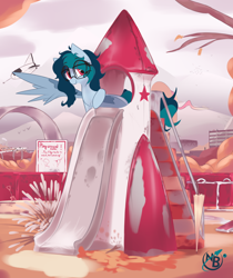 Size: 3132x3729 | Tagged: safe, artist:nevobaster, oc, oc only, oc:delta vee, pegasus, pony, 13 reasons why, city, cloud, cloudy, cute, featured image, female, glasses, graveyard of comments, happy, looking at you, mare, meganekko, mountain, ocbetes, playground, playing, rocket, slide, smiling, spread wings, toy, weapons-grade cute, wing hold, wings, younger