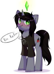 Size: 1873x2540 | Tagged: safe, artist:pledus, pony, unicorn, blushing, bring me the horizon, clothes, commission, disguise, disguised siren, fangs, horn, jewelry, kellin quinn, looking at you, male, necklace, plumbob, ponified, shirt, simple background, sleeping with sirens, slit pupils, solo, stallion, standing, t-shirt, the sims, white background, ych result