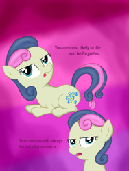 Size: 3024x4032 | Tagged: safe, artist:background basset, derpibooru exclusive, bon bon, sweetie drops, earth pony, pony, g4, cringing, depression, edgy, female, mare, sad, solo, text