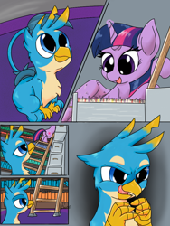 Size: 768x1024 | Tagged: safe, artist:doomfister, artist:mrleft, gallus, twilight sparkle, alicorn, griffon, pony, series:school snacks, g4, betrayal, butt, female, file cabinet, food chain, galluspred, griffons doing griffon things, imminent vore, ladder, male, mare, plot, predator, prey, story in the source, tongue out, twilight sparkle (alicorn)