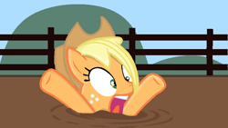 Size: 738x417 | Tagged: safe, alternate version, artist:grapefruitface1, applejack, earth pony, pony, g4, base used, cowboy hat, female, fence, hat, hooves up, mud, outdoors, peril, quicksand, screaming, show accurate, solo, stetson