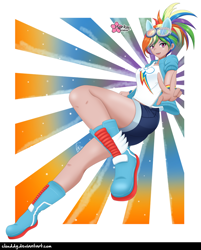 Size: 1026x1274 | Tagged: safe, artist:clouddg, kotobukiya, rainbow dash, human, equestria girls, boots, breasts, busty rainbow dash, female, glasses, human coloration, humanized, kotobukiya rainbow dash, legs, looking at you, multiple variants, open mouth, peace sign, sexy, shoes, signature, solo, stupid sexy rainbow dash