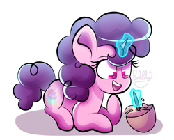 Size: 2827x2268 | Tagged: safe, artist:bubbly-storm, sugar belle, pony, unicorn, g4, bowl, cute, female, high res, magic, mare, mixing bowl, open mouth, prone, redraw, simple background, solo, sugarbetes, telekinesis, white background