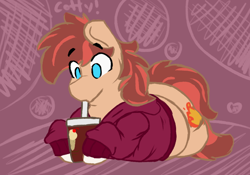 Size: 896x626 | Tagged: safe, artist:somefrigginnerd, oc, oc only, oc:cottonwood kindle, earth pony, pony, abstract background, chubby, clothes, cup, drink, drinking, eye clipping through hair, hoodie, lying down, male, milkshake, solo, stallion