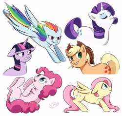Size: 4096x3901 | Tagged: safe, artist:lilmeeseart, applejack, fluttershy, pinkie pie, rainbow dash, rarity, twilight sparkle, earth pony, pegasus, pony, unicorn, g4, alternate hairstyle, cowboy hat, female, floppy ears, flying, hat, high res, mane six, mare, on back, open mouth, simple background, smiling, straw in mouth, white background
