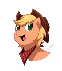 Size: 894x1024 | Tagged: safe, artist:lilmeeseart, applejack, earth pony, pony, g4, alternate hairstyle, bandana, bust, cowboy hat, cute, female, hat, jackabetes, mare, open mouth, short mane, simple background, solo, white background
