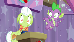 Size: 1920x1080 | Tagged: safe, screencap, granny smith, spike, dragon, a trivial pursuit, g4, card, curtains, stars, wide eyes, winged spike, wings
