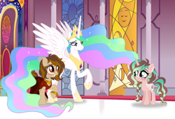 Size: 1285x880 | Tagged: safe, artist:unoriginai, princess celestia, oc, oc:bookmark, oc:fairytale ending, g4, blushing, canon x oc, canterlot castle, clothes, cute, dress, family, female, lesbian, magical lesbian spawn, mother and child, mother and daughter, offspring, origiverse, parent:oc:bookmark, parent:princess celestia, parents:canon x oc, story in the source, teenager