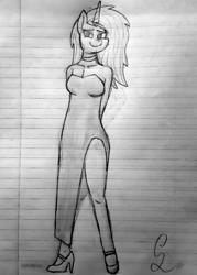 Size: 825x1150 | Tagged: safe, artist:somber, oc, oc only, alicorn, anthro, fallout equestria, clothes, cocktail dress, collar, dress, female, lined paper, smiling, solo, traditional art