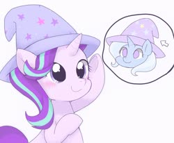 Size: 2048x1690 | Tagged: dead source, safe, artist:ginmaruxx, starlight glimmer, trixie, pony, unicorn, g4, accessory swap, bipedal, blushing, clothes, cute, diatrixes, duo, female, glimmerbetes, hat, implied lesbian, implied shipping, implied startrix, mare, pointing, simple background, smiling, thought bubble, trixie's hat, weapons-grade cute, white background