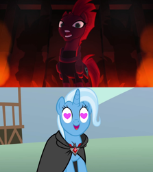 Size: 1280x1436 | Tagged: safe, edit, edited screencap, screencap, tempest shadow, trixie, g4, magic duel, my little pony: the movie, alicorn amulet, female, heart eyes, lesbian, ship:tempestrix, shipping, shipping domino, wingding eyes