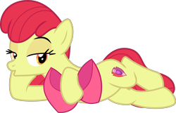 Size: 4306x2774 | Tagged: safe, artist:djdavid98 edits, artist:sollace, edit, editor:slayerbvc, vector edit, apple bloom, earth pony, pony, g4, growing up is hard to do, :o, adorabloom, adult, apple bloom's bow, bedroom eyes, belly, bow, cropped, cute, cutie mark, draw me like one of your french girls, female, hair bow, high res, holding a bow, lidded eyes, looking at you, lying down, mare, older, older apple bloom, on side, open mouth, show accurate, simple background, solo, transparent background, vector