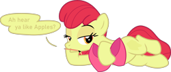 Size: 6498x2766 | Tagged: safe, alternate version, artist:djdavid98 edits, artist:sollace, edit, editor:slayerbvc, vector edit, apple bloom, earth pony, pony, g4, growing up is hard to do, :o, apple bloom's bow, bedroom eyes, bodypaint, bow, covered cutie mark, cropped, cute, cutie mark, dialogue, draw me like one of your french girls, female, filly, foal, hair bow, lidded eyes, looking at you, lying down, mare, no regrets, older, on side, open mouth, paint, paintbrush, show accurate, simple background, solo, transparent background, vector, younger