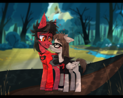Size: 3148x2502 | Tagged: safe, artist:biskvit, bat pony, pegasus, pony, bat wings, blushing, clandestine industries, clothes, commission, ear fluff, eyes closed, fall out boy, fangs, floppy ears, folded wings, forest, gay, glasses, heart, high res, hoodie, male, mikey way, my chemical romance, nuzzling, pete wentz, ponified, river, shipping, shirt, slit pupils, stallion, standing, t-shirt, tree, undershirt, wings, wristband, ych result