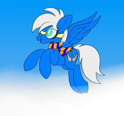 Size: 1920x1800 | Tagged: safe, artist:notadeliciouspotato, oc, oc only, oc:silver seraph, pegasus, pony, aviator goggles, clothes, cloud, flying, goggles, male, open mouth, scarf, sky, smiling, solo, spread wings, stallion, wings