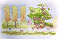 Size: 3936x2624 | Tagged: safe, artist:papersurgery, applejack, fluttershy, lyra heartstrings, pinkie pie, rainbow dash, rarity, twilight sparkle, pony, g4, background pony, golden oaks library, high res, ponyville, scenery, traditional art, watercolor painting