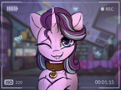 Size: 2000x1499 | Tagged: safe, artist:radioaxi, starlight glimmer, pony, unicorn, g4, camera shot, collar, cute, female, glimmerbetes, happy, looking at you, mare, one eye closed, pet, pet glimmer, petting, pony pet, sci-twi's room, smiling, solo, ych example, your character here