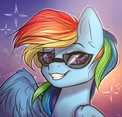 Size: 1920x1845 | Tagged: dead source, safe, artist:radioaxi, rainbow dash, pegasus, pony, g4, bust, dreamworks face, ear fluff, female, glasses, grin, indexed png, looking at you, portrait, smiling, smiling at you, solo, sunglasses, wings