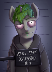 Size: 1440x1980 | Tagged: safe, artist:frankier77, oc, oc only, oc:doctor atom, unicorn, semi-anthro, clothes, edgy, hoodie, male, mugshot, red eyes, reference, rick and morty, solo, stallion
