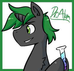 Size: 365x354 | Tagged: safe, artist:peachy-pudding, oc, oc only, oc:doctor atom, pony, male, science, solo, stallion, test tube, text