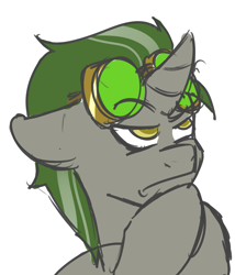 Size: 2059x2401 | Tagged: safe, artist:vivofortissimo, oc, oc only, oc:doctor atom, pony, unicorn, goggles, high res, hoof on chin, male, offscreen character, solo, stallion, thinking