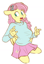 Size: 1280x1847 | Tagged: safe, artist:chub-wub, part of a set, fluttershy, pegasus, anthro, g4, clothes, cute, female, miniskirt, simple background, skirt, solo, sweater, sweatershy, white background