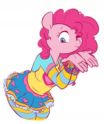 Size: 1280x1531 | Tagged: safe, artist:chub-wub, part of a set, pinkie pie, earth pony, anthro, g4, bracelet, clothes, cute, female, jewelry, miniskirt, pantyhose, simple background, skirt, solo, striped pantyhose, white background