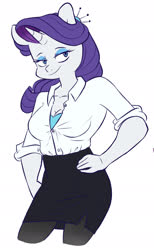 Size: 1186x1920 | Tagged: safe, artist:chub-wub, part of a set, rarity, unicorn, anthro, g4, breasts, cleavage, clothes, female, miniskirt, pantyhose, rolled up sleeves, side slit, simple background, skirt, solo, stockings, thigh highs, white background