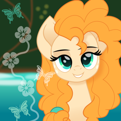 Size: 1200x1200 | Tagged: safe, artist:cloudy glow, pear butter, butterfly, earth pony, pony, g4, bust, cute, female, flower, lidded eyes, looking at you, mare, movie accurate, pearabetes, solo, taylor swift