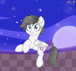 Size: 2000x1869 | Tagged: safe, artist:kim0508, oc, oc only, oc:snow bright, pegasus, pony, blue eyes, bow, confused, female, grey hair, mare, moon, night, owner:xheotris, pegasus oc, ponified, solo, tail bow, wings