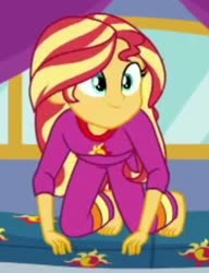 Size: 717x936 | Tagged: safe, screencap, sunset shimmer, equestria girls, equestria girls specials, g4, my little pony equestria girls: better together, my little pony equestria girls: sunset's backstage pass, barefoot, clothes, cropped, cute, feet, female, humans doing horse things, pajamas, shimmerbetes, solo