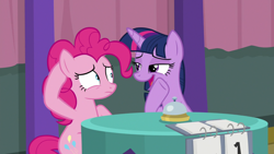 Size: 1920x1080 | Tagged: safe, screencap, pinkie pie, twilight sparkle, alicorn, earth pony, pony, a trivial pursuit, g4, bell, bossy, displeased, duo, female, frown, lidded eyes, looking at each other, mare, obsessed, ordering, raised hoof, shrunken pupils, sitting, team twipie, trivia trot, twilight sparkle (alicorn), unfair
