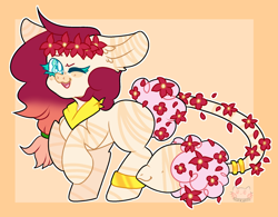Size: 1280x999 | Tagged: safe, artist:nullkunst, oc, oc only, monster pony, original species, piranha plant pony, plant pony, pony, augmented tail, chibi, commission, female, flower, flower in tail, gradient mane, looking at you, mare, one eye closed, plant, smiling, solo, tail, tailmouth, watermark, wink