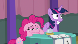 Size: 1920x1080 | Tagged: safe, screencap, pinkie pie, twilight sparkle, alicorn, earth pony, pony, a trivial pursuit, g4, bags under eyes, bell, crazy face, cute, cutie mark, faic, floppy ears, grin, head on table, hooves on the table, lidded eyes, poor pinkie pie, pouting, raised hoof, sad, smiling, team twipie, trivia trot, twilight sparkle (alicorn), twilighting, upset, wavy mouth
