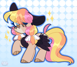 Size: 1280x1119 | Tagged: safe, artist:nullkunst, oc, oc only, oc:sorbet, pegasus, pony, chibi, female, freckles, looking at you, mare, multicolored hair, multicolored mane, multicolored tail, one eye closed, smiling, solo, watermark, wink