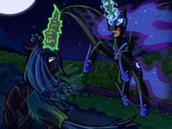 Size: 1600x1200 | Tagged: safe, artist:thescornfulreptilian, nightmare moon, queen chrysalis, alicorn, changeling, changeling queen, pony, g4, crown, female, fight, jewelry, magic, regalia