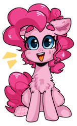 Size: 1000x1644 | Tagged: safe, artist:cottonsweets, pinkie pie, earth pony, pony, g4, blushing, chest fluff, chibi, cute, diapinkes, ear fluff, emanata, female, floppy ears, fluffy, leg fluff, open mouth, open smile, simple background, sitting, smiling, smiling at you, smol, solo, transparent background