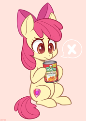 Size: 1120x1570 | Tagged: safe, artist:higglytownhero, apple bloom, earth pony, pony, g4, beefaroni, bow, canned food, chef boyardee, digital art, female, filly, foal, food, hair bow, pink background, ponies wanting to eat meat, simple background, solo, unamused