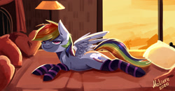 Size: 2480x1288 | Tagged: safe, artist:moliere, rainbow dash, pony, g4, bed, clothes, female, heart eyes, looking at you, lying on bed, sexy, socks, solo, striped socks, stupid sexy rainbow dash, wingding eyes