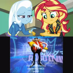 Size: 2896x2896 | Tagged: safe, edit, edited screencap, screencap, sunset shimmer, trixie, equestria girls, equestria girls specials, g4, my little pony equestria girls: better together, my little pony equestria girls: forgotten friendship, doctor eggman, eggman pisses on the moon, high res, male, meme, real-time fandub, snapcube, sonic adventure 2, sonic the hedgehog, sonic the hedgehog (series)