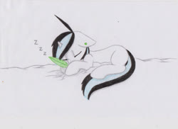 Size: 2514x1833 | Tagged: safe, artist:subimaru_kai, oc, oc only, oc:snowy, pony, unicorn, bed, colored, colt, cute, ear piercing, eyes closed, feather, female, filly, floppy ears, foal, hoof hold, male, ocbetes, onomatopoeia, piercing, prone, quill, sleeping, solo, sound effects, traditional art, zzz